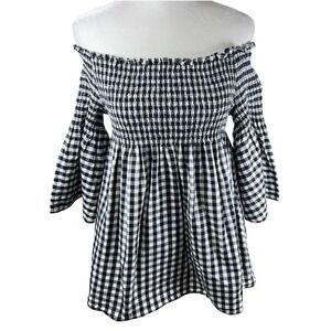 Womens Plus Size 1X Gingham Off Shoulder Smocked Bell Sleeve Cotton Top Black